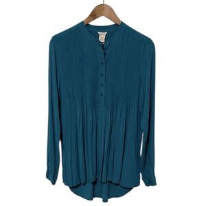 NWT Sundance Mystic Falls Pintuck Teal Popover Tunic Top Crinkle Button Henley